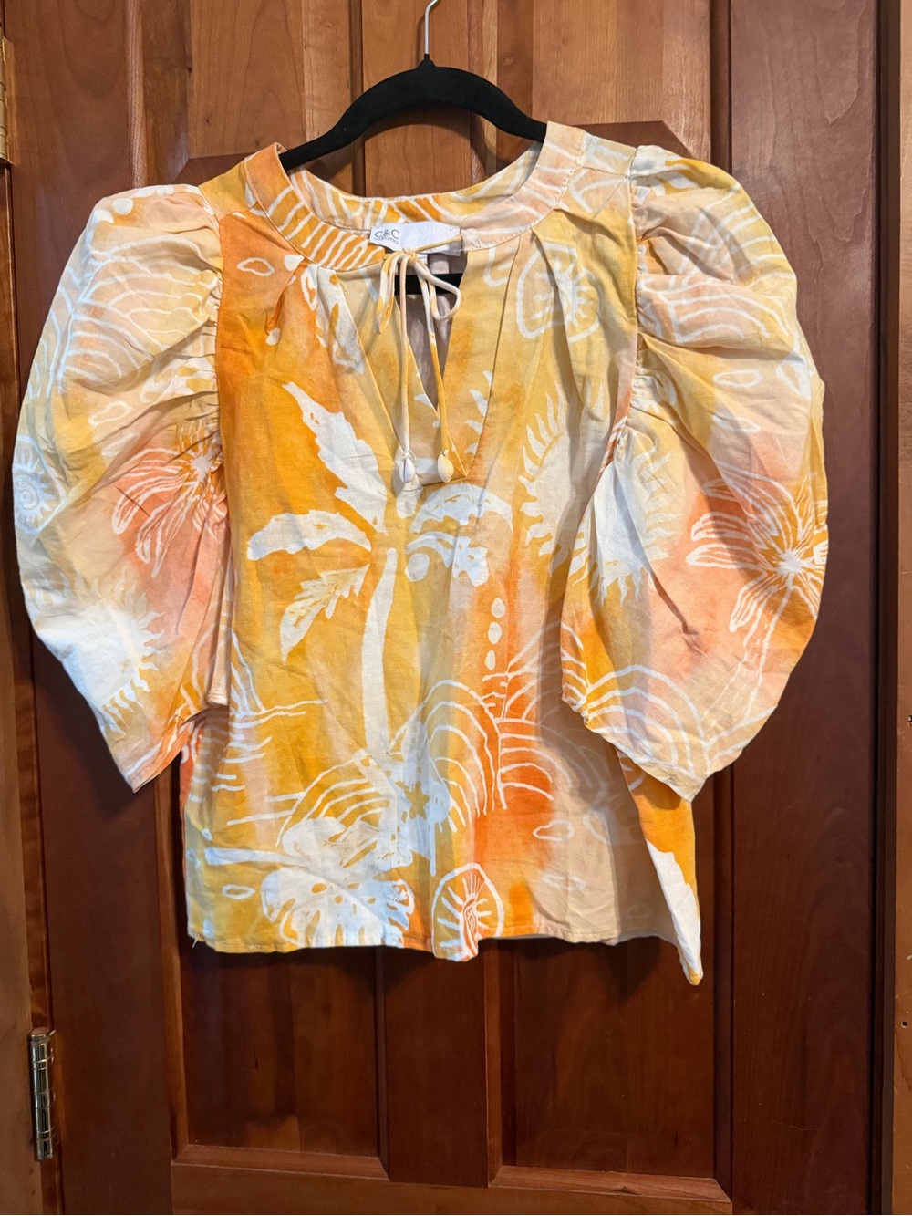 C&C California Lightweight Yellow Orange Tropical-Print Puff-Sleeve Women's Top